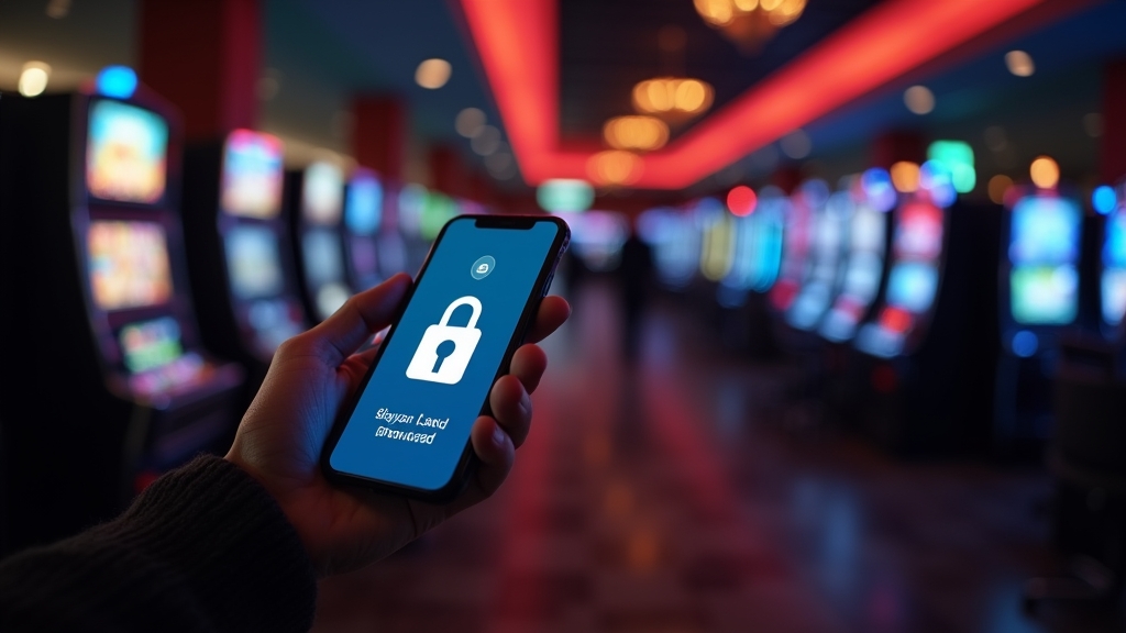 Celular exibindo tela de download do app em ambiente de cassino escuro