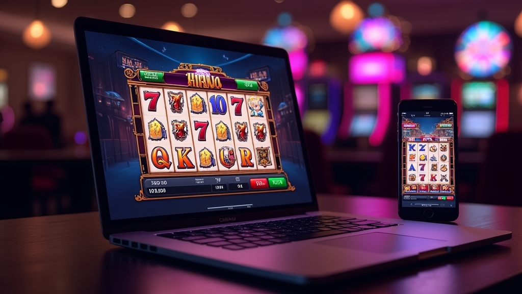 Jogo aberto no navegador em laptop e celular dentro de um cassino escuro